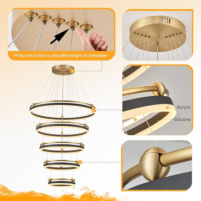 Benkut 5-Rings Modern LED Chandelier Black Gold Dimmable Large High Ceiling Chandeliers Foyer, Remote Pendant Lighting for Foyer Entryway Dining Room Living Room Staircase(10-Ring Lighting, D30in)