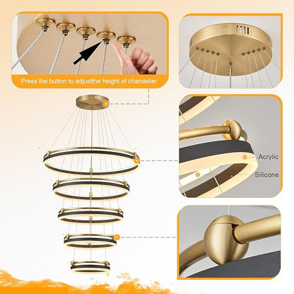 Benkut 5-Rings Modern LED Chandelier Black Gold Dimmable Large High Ceiling Chandeliers Foyer, Remote Pendant Lighting for Foyer Entryway Dining Room Living Room Staircase(10-Ring Lighting, D30in)