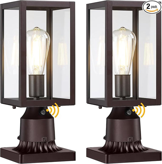 Dusk to Dawn Outdoor Post Lights with Pier Mount Base 2-Pack, Modern Lamp Post Light Fixture Waterproof Pole Lights Outdoor Column Lights Exterior Post Lantern with Clear Glass for Garden Patio, Brown