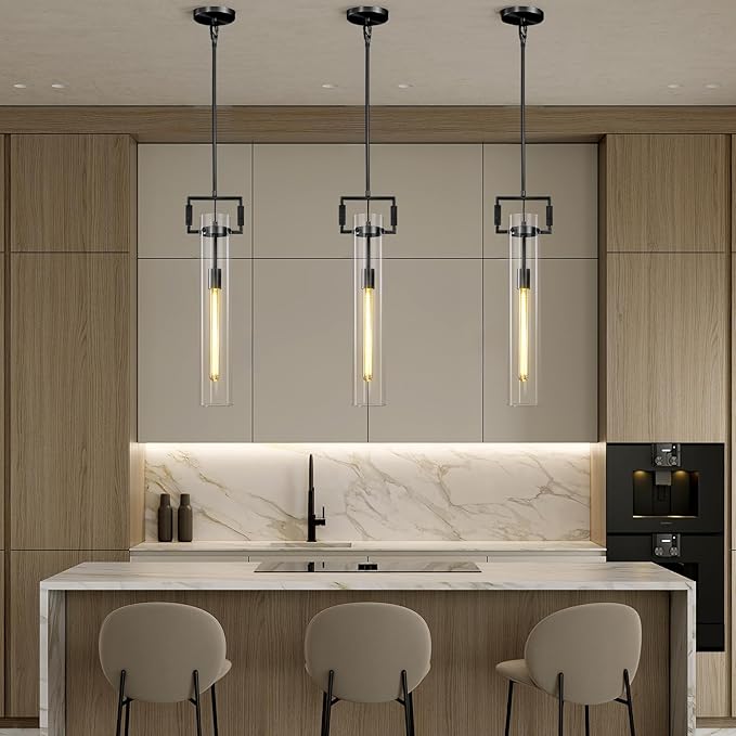 21.6'' Black Pendant Lights Set of 2, Modern Pendant Lights Kitchen Island, Large Kitchen Pendant Lighting Over Island,Long Adjustable Height Glass Pendant Light Fixtures, Included E12 Bulbs