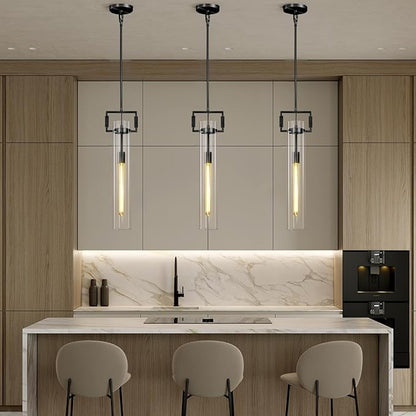 21.6'' Black Pendant Lights Set of 2, Modern Pendant Lights Kitchen Island, Large Kitchen Pendant Lighting Over Island,Long Adjustable Height Glass Pendant Light Fixtures, Included E12 Bulbs