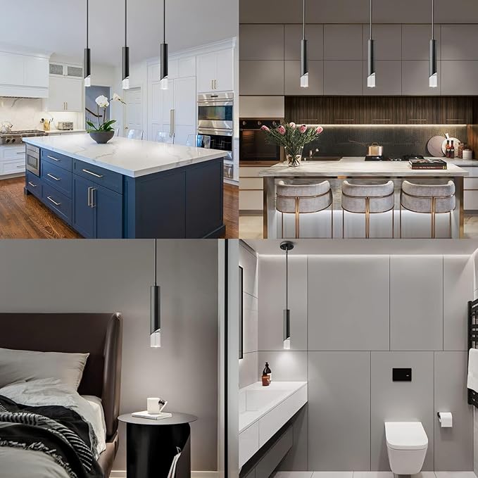 Modern Pendent Lights in Kitchen, Black Mini Pendant Light Bedroom Bedside Table Small Chandelier, Metal Rod Ceiling Pendant Lighting for Kitchen Island Bedroom Restaurant bar (3-Pack)