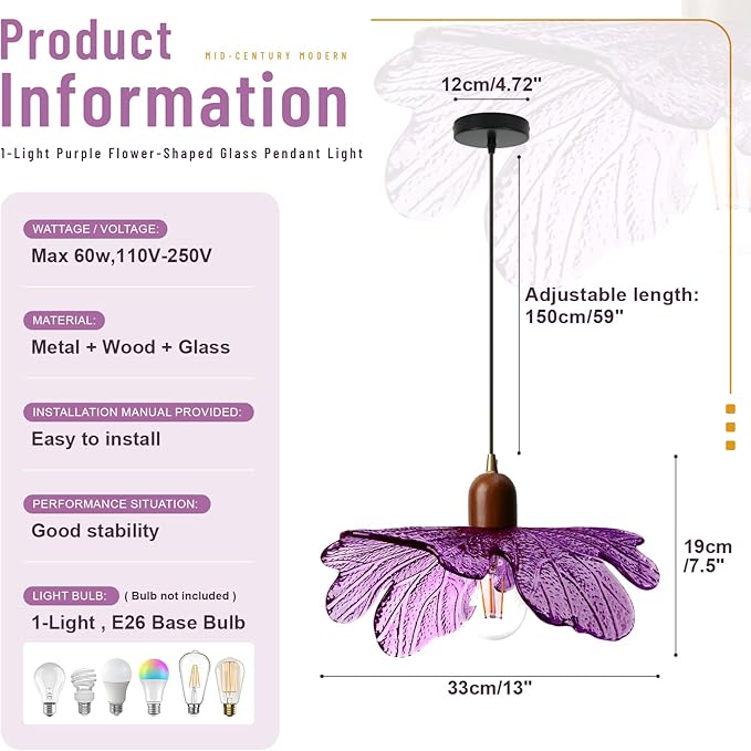 Floral Purple Glass Pendant Light, Mid-Century Modern Wood & Glass Hanging Lamp, Adjustable 59" Cord Flower Ceiling Light Fixture for Bedroom Dining Room Kitchen Island
