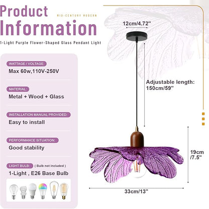 Floral Purple Glass Pendant Light, Mid-Century Modern Wood & Glass Hanging Lamp, Adjustable 59" Cord Flower Ceiling Light Fixture for Bedroom Dining Room Kitchen Island
