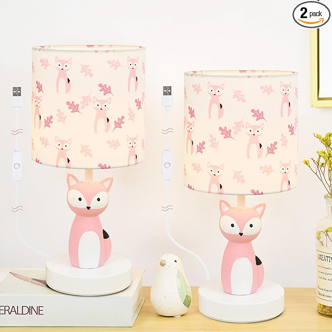 Fox LED Table Lamps with USB Port DC5V,Set of 2,Pink Kids Table Lamp,Night Light for Kids Room,Nursery,Bedroom,Kitchen Counter,Gameroom,Φ5.91×H12.88IN,Hand-Made