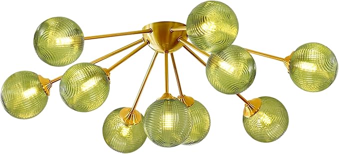 10-Light Gold Sputnik Chandelier, Mid Century Modern Ceiling Light, Green Glass Globes Pendant Lighting Fixture for Dining Room Living Room Kitchen Foyer Entryway Hallway