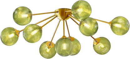 10-Light Gold Sputnik Chandelier, Mid Century Modern Ceiling Light, Green Glass Globes Pendant Lighting Fixture for Dining Room Living Room Kitchen Foyer Entryway Hallway