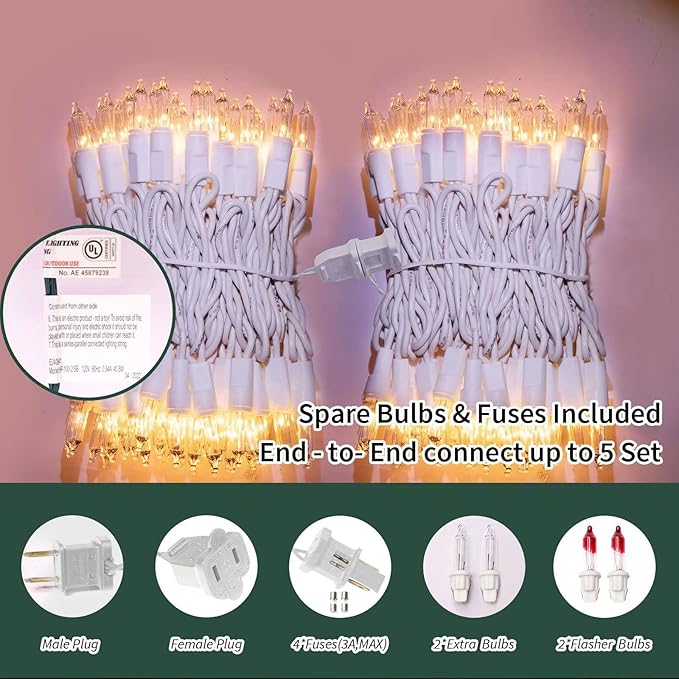 LAMPHOME 100 Count Clear Christmas String Lights, 19.6ft White Wire Fairy Lights, UL Certified Waterproof Indoor & Outdoor String Lights for Xmas Tree, Patio, Wedding, Mother's Day Decor
