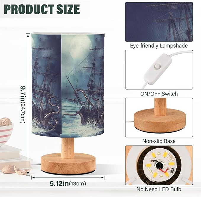 Table Lamp Octopus Pirate Ship Sea Monster Tentacle Sailboat Night Ocean Wave Nightstand Lamp with Wood Base Fabric Lamp Shade Bedside Desk Lamp for Living Room Bedroom Kids Room Office
