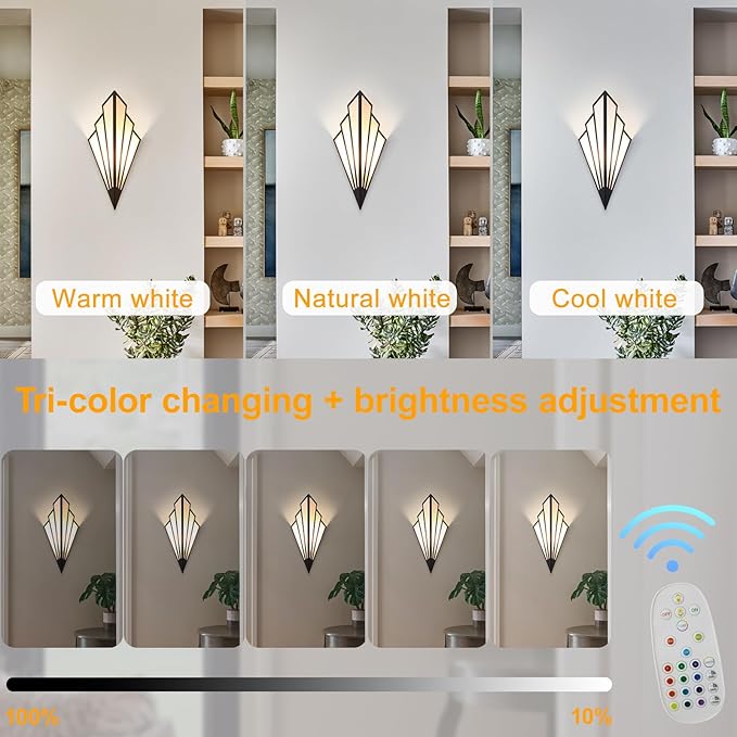 Modern Battery Operated Wall Sconces Set of Two, Simple Creative Wall Lamp Art Deco Lighting Fixture with Remote Control, RGB Dimmable Led Wall Light for Bedside Bedroom Living Room (Black)