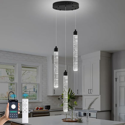 Crystal Kitchen Island Chandelier, Modern Black Spiral Dimmable LED Cluster Raindrop Foyer Chandelier Lighting, Bubble Dining Room Hanging Light Fixture 3 Light Remote Control