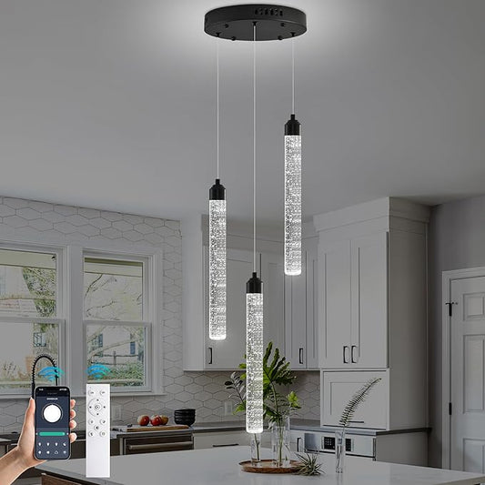 Crystal Kitchen Island Chandelier, Modern Black Spiral Dimmable LED Cluster Raindrop Foyer Chandelier Lighting, Bubble Dining Room Hanging Light Fixture 3 Light Remote Control