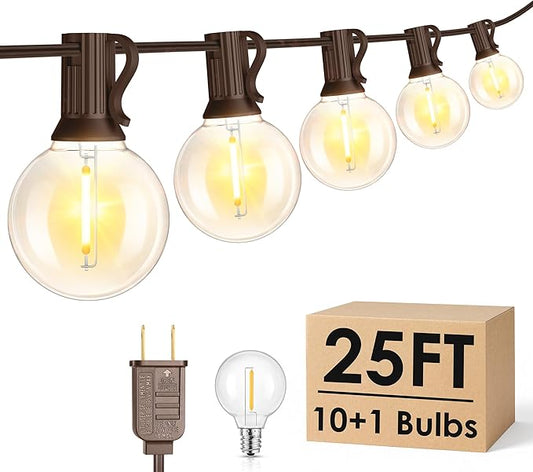 Mlambert 25FT G40 LED Outdoor String Lights, Plug-in Waterproof Patio Lights with 10 LED Bulbs (1 Spare), Porch Lights for Backyard Party Decor, Brown