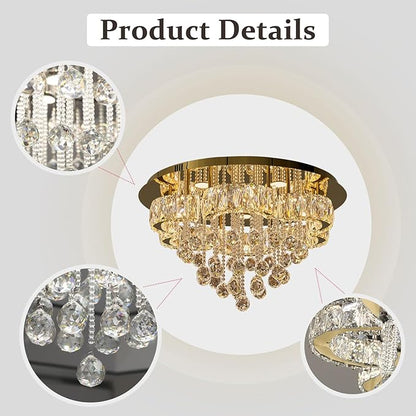 Flashing God W24inches Modern Gold Chandeliers Flush Mount Ceiling Chandeliers for High Ceiling Small Hanging Chandelier Light Fixture Bedroom Dining Room Living Room LED Dimming 2700k 4500k 6000k