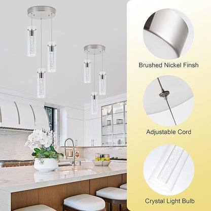 Pendant Light Kitchen Island with Remote Control, Dimmable & Adjustable Color Temperature 3000K/4000K/6000K, Modern Brushed Nickel & Clear Glass Lighting Fixture for Dining Room