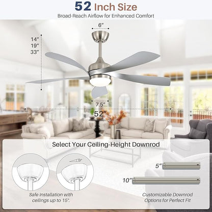 CACI Mall 52 Inch Ceiling Fans with Lights and Remote, modern, Outdoor ceiling fan with 6-Speed, 5 Blades, 2 Downrods, 3 CCT, Timer, Quiet Reversible DC Motor for Living Room, Bedroom, Patios