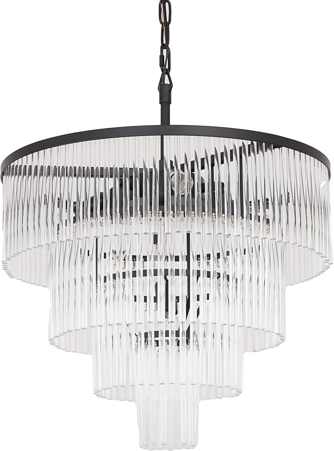 Modern Multi-Tier Crystal Chandelier 4-Tier Round Black Finish Ceiling Light -Cylindrical Glass Rods -Dining Room Living Room Bedroom Entryway -Luxury Lighting Fixture 20''