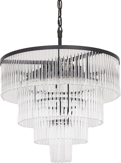 Modern Multi-Tier Crystal Chandelier 4-Tier Round Black Finish Ceiling Light -Cylindrical Glass Rods -Dining Room Living Room Bedroom Entryway -Luxury Lighting Fixture 20''