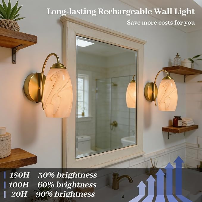 Gold Alabaster Battery Operated Wall Sconces Set of 2, Rechargeable Wireless Brass Wall Lights, Touch & Remote Control, Dimmable 3 Color Temperatures, Vintage Mount Hand-Blown Glass Sconce for Bedroom