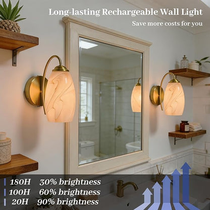 Gold Alabaster Battery Operated Wall Sconces Set of 2, Rechargeable Wireless Brass Wall Lights, Touch & Remote Control, Dimmable 3 Color Temperatures, Vintage Mount Hand-Blown Glass Sconce for Bedroom
