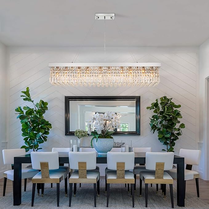7PM Rectangle K9 Crystal Chandelier Modern Rectangular Pendant Light Fixture for Dining Room Kitchen Island Chrome L47 x W10 x H10