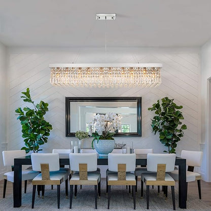 7PM Rectangle K9 Crystal Chandelier Modern Rectangular Pendant Light Fixture for Dining Room Kitchen Island Chrome L47 x W10 x H10