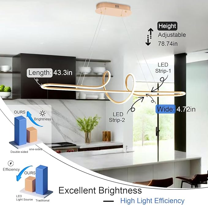 Gold Led Chandelier Light Fixtgure Dimmable Modern Chandelier with Remote 3000K-6500K Color Changing L43.30 Luxury Pendant Light for Kitchen Island Over Table Height Adjustable