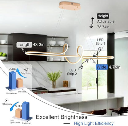 Gold Led Chandelier Light Fixtgure Dimmable Modern Chandelier with Remote 3000K-6500K Color Changing L43.30 Luxury Pendant Light for Kitchen Island Over Table Height Adjustable