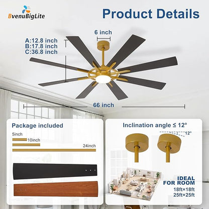 Large Ceiling Fans with Lights: Modern 66 Inch 8 Blade Outdoor Ceiling Fan with Remote APP Control - Dimmable Black Gold Big Fan light Indoor Reversible 6 Speed Quiet DC Motor
