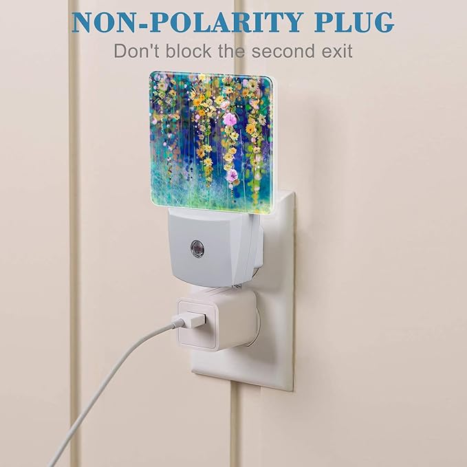 Abstract Ivy Flowers Watercolor Painting Night Light Plug into Wall with Dusk to Dawn Sensor Cute Nightlight for Kid Girls Boys Women Room Decor, Hallway, Kitchen, Bathroom, Nursery, Stairs