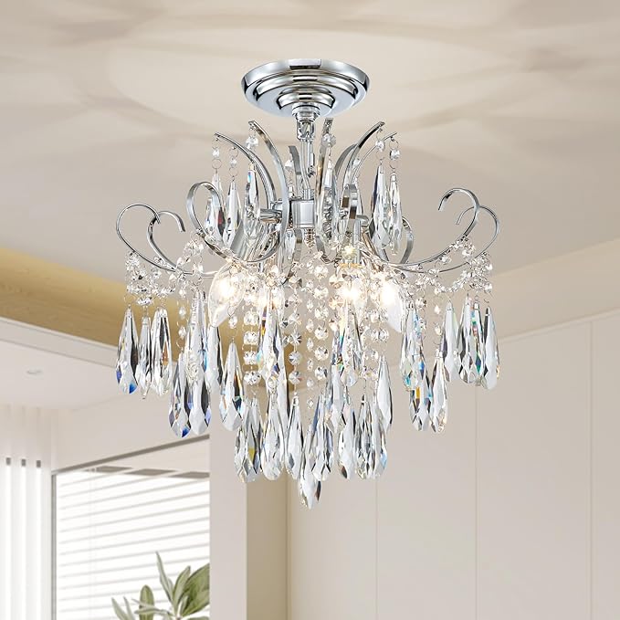 Modern Crystal Chandelier Ceiling Light Fixture, 4-Light Pendant Ceiling Hanging Lamp for Dining Living Room Bedroom Kitchen, 16" Chrome Chandelier