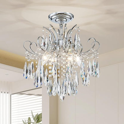 Modern Crystal Chandelier Ceiling Light Fixture, 4-Light Pendant Ceiling Hanging Lamp for Dining Living Room Bedroom Kitchen, 16" Chrome Chandelier