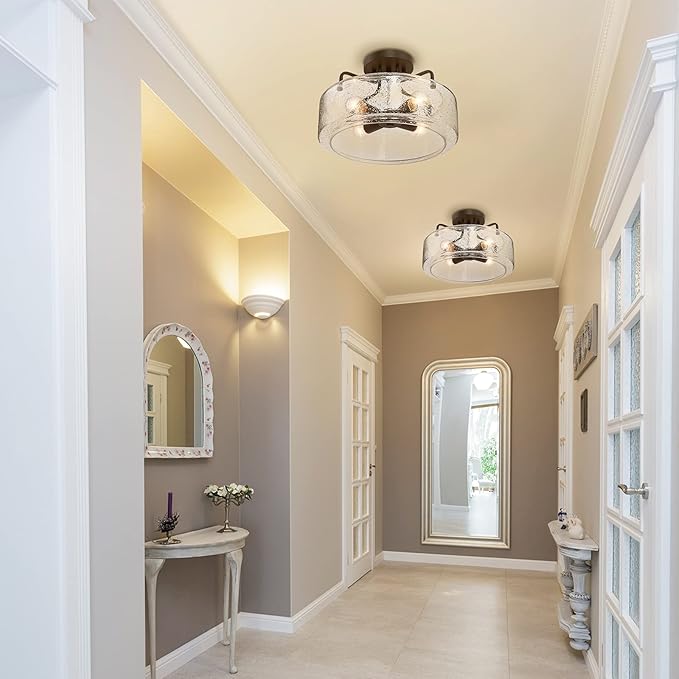 classy leaves Semi Flush Mount Ceiling Light, 4 Lights Farmhouse Flush Mount Ceiling Light Fixture with Drum Seeded Glass Shade for Hallway, Bedroom, Kitchen, Foyer and Bathroom, Oil Rubbed Bronze