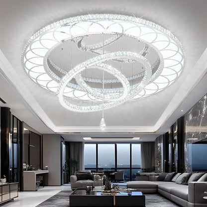 Flashing God Extra Large Chandelier Dia 55" Chrome Chandeliers Flush Mount Chandelier for Living Room Bedroom Dining Room Hallway Dimmable 3 Rings Ceiling Chandeliers