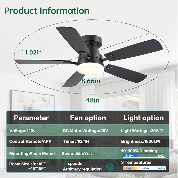 48” Ceiling Fans with Lights, Flush Mount Ceiling Fan with Light And Remote/APP, Low Profile Ceiling Fan with Light, Reversible, 6 Speed Noiseless LED Ceiling Fan, Black Ceiling Fan for Bedroom