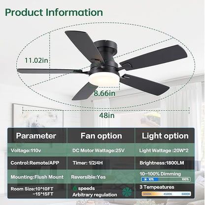 48” Ceiling Fans with Lights, Flush Mount Ceiling Fan with Light And Remote/APP, Low Profile Ceiling Fan with Light, Reversible, 6 Speed Noiseless LED Ceiling Fan, Black Ceiling Fan for Bedroom