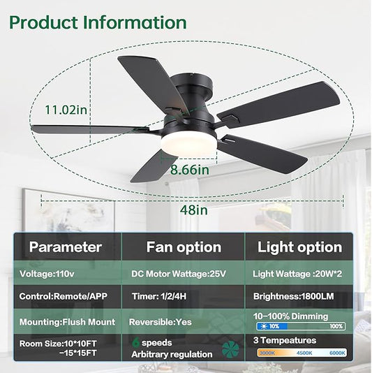 48” Ceiling Fans with Lights, Flush Mount Ceiling Fan with Light And Remote/APP, Low Profile Ceiling Fan with Light, Reversible, 6 Speed Noiseless LED Ceiling Fan, Black Ceiling Fan for Bedroom
