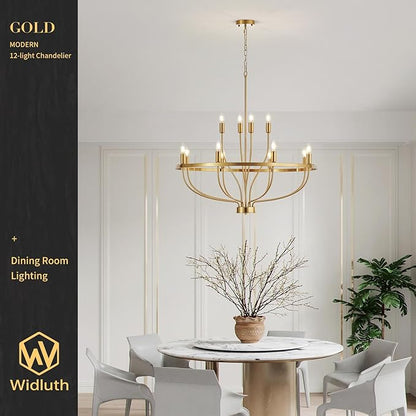 33.5" Modern Gold Chandelier Light Fixture Vintage Mid Century Modern 12-Lights Candle Style Chandeliers Retro Golden Chandelier for Dining Room, Kitchen Island, Living Room, E12
