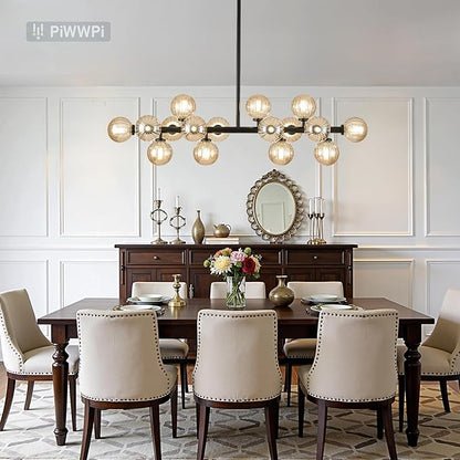 Glass Globe Sputnik Chandelier, 16-Light Mid Century Modern Light Fixture Over Table, Linear Chandeliers for Dining Room, Kitchen Island, Black and Amber Bubble, 40 Inch, GC-02