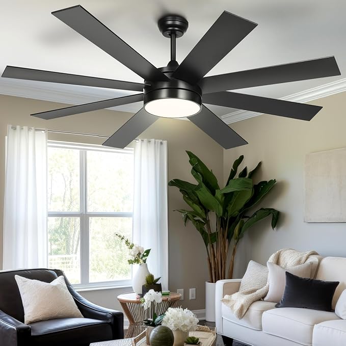 YITAHOME 60 Inch Black Ceiling Fan with Lights and Remote,8 Blades,App Control, Modern Smart Ceiling Fan Compatible with Alexa for Indoor, Reversible Quiet Motor, Memory Function