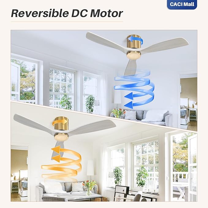 CACI Mall 52 Inch Solid Wood Ceiling Fan without Light, Flush Mount, 3 Blade, Low Profile, Modern, Outdoor/Indoor Ceiling Fans No Light for Bedroom/Farmhouse/Patio