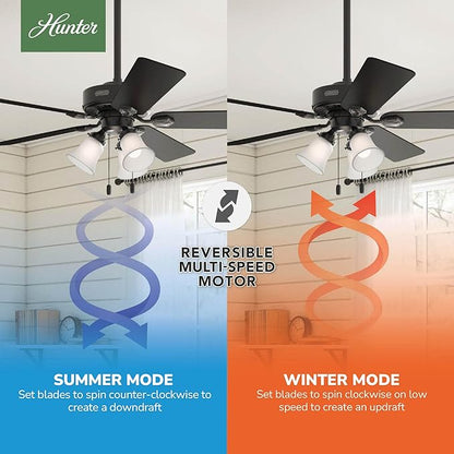 Hunter 52 inch Indoor Ceiling Fan with LED Lights - Black Ceiling Fan with Pull Chain, for Bedroom, Living Room, or Kitchen, Standard Mount, No Remote, 5 Blades - Swanson 51737, Matte Black