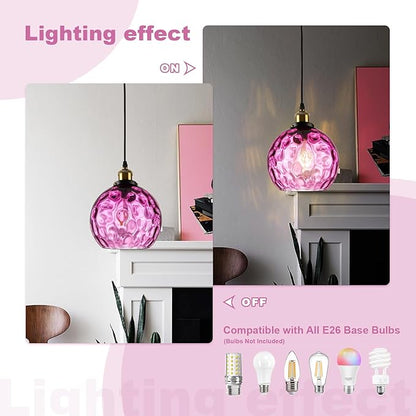 Corner Pendant Light Plug in, Hanging Chandeleir with Plug in Cord, Hand Blown Purple Water Ripple Glass Globe, Bohemian Bedroom Living Room Hanging Lamp Ambient Lighting for Reading Nook