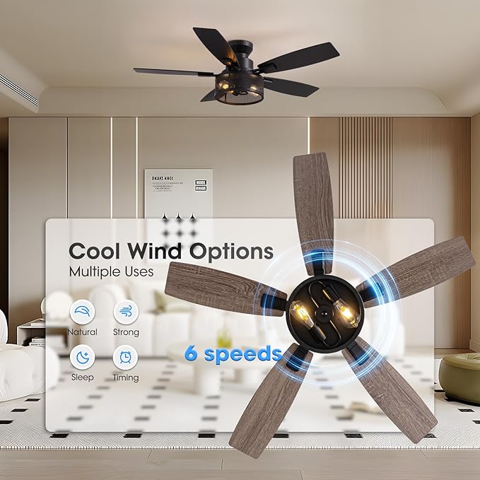 Ceiling Fans with Lights and Remote Control, Ceiling Fan for Bedroom Living Room (Flush Mount 46 in)
