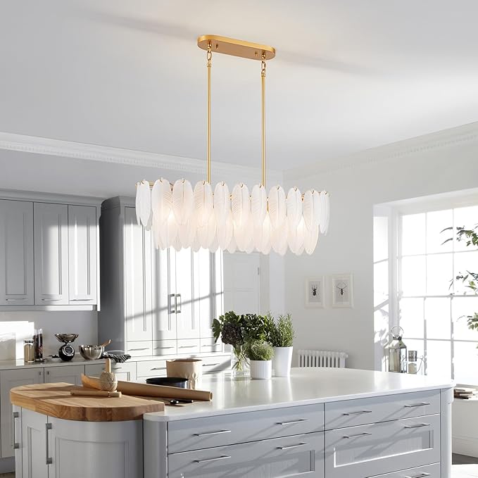 LumFurn 10-Light Glass Linear Chandeliers, Modern Design Island Light Fixture for Dining Room, Kitchen Island, L32xW12xH19~50 Inch(Adjustable Height), Glass Feather Shade & Brass Finish