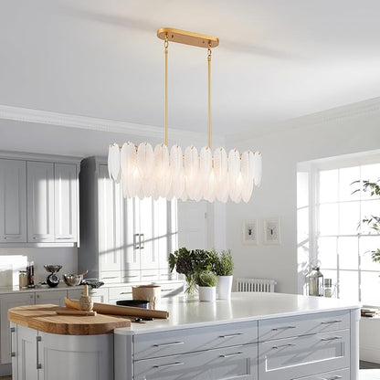 LumFurn 10-Light Glass Linear Chandeliers, Modern Design Island Light Fixture for Dining Room, Kitchen Island, L32xW12xH19~50 Inch(Adjustable Height), Glass Feather Shade & Brass Finish