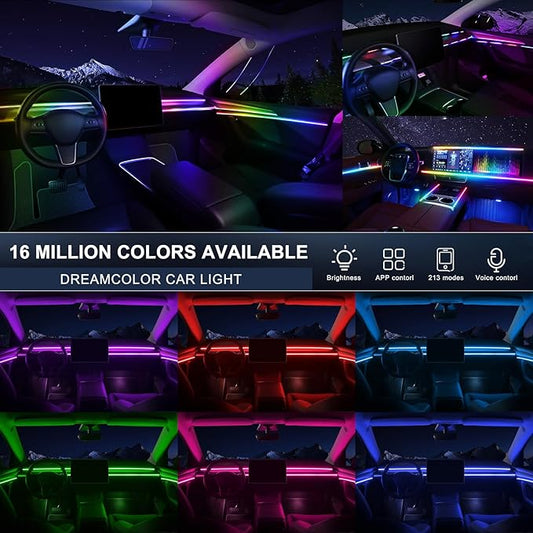 Dreamcolor Acrylic Interior Car LED Strip Light with USB/Type C, 47.24 inches Fiber Optic Ambient Lighting Kits, 16 Million Colors Sound Active Function