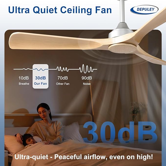 Depuley Ceiling Fan Without Light: 52 Inch 3 Blade Indoor Outdoor Fans for Patios - Wood Ceiling Fan No Light Remote APP Control Ultra Quiet DC Motor Reversible 6 Speed Timer