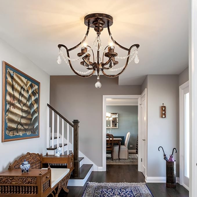 UOFUS Vintage Semi Flush Mount Crystal Chandelier Oil Rubbed Bronze 4-Light Small Metal Ceiling Light Fixture Farmhouse Ceiling Lamp for Foyer Kitchen Entryway Hallway Bathroom Bedroom Dining Room