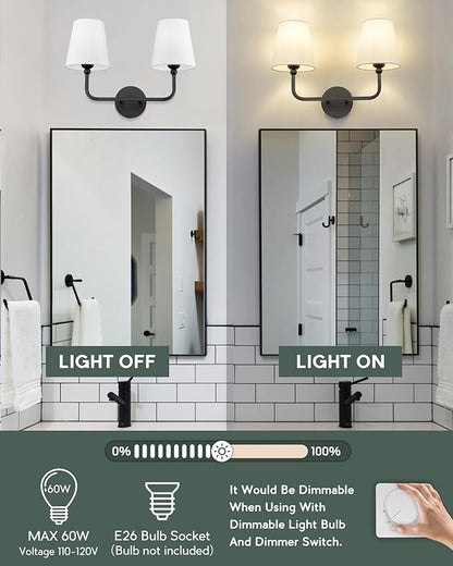 2-Light Bathroom Vanity Light Fixtures in Matte Black Finish, Modern Bedside Wall Sconces with Flared White Fabric Shade for Bathroom, Hallway, Living Room, Kitchen, VL837-MB-2
